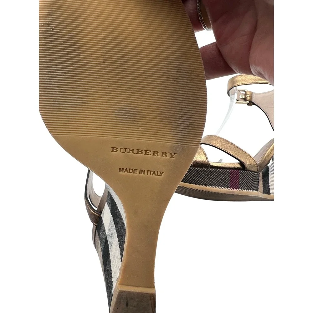 Burberry Wedge Sandals Womens 37.5 Bronze Good House Check Metallic Strappy Heel